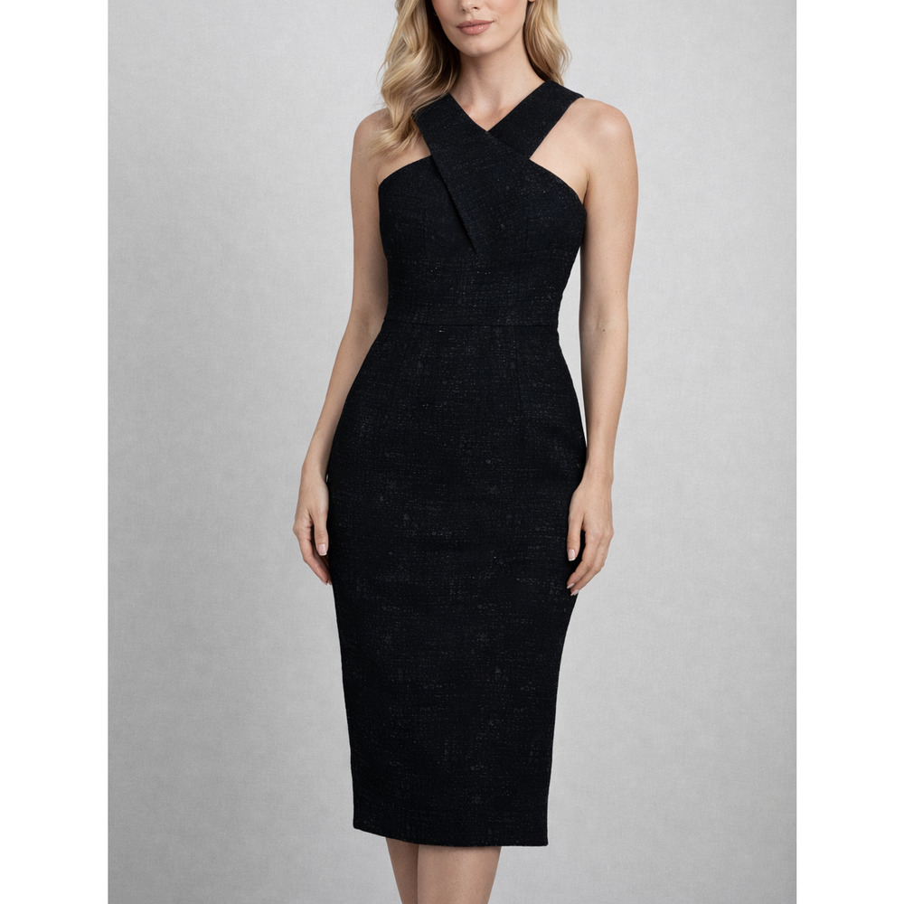 Hunter Bell Halterneck Midi Dress Womens 0 Black Textured Sheath Cocktail Luxury